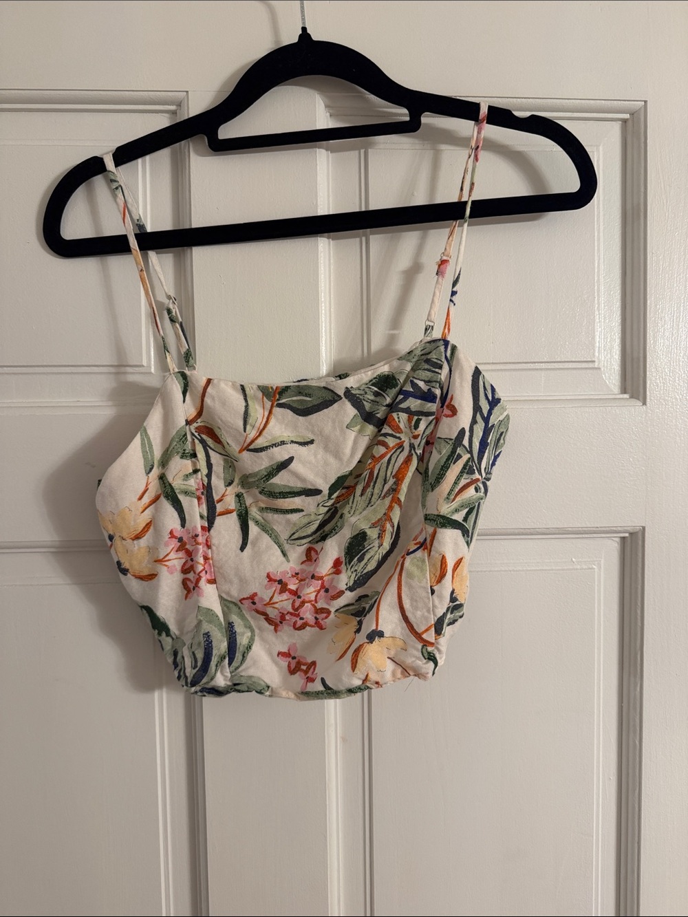 H&M White Floral Cropped Cami Top with Green and Orange Print